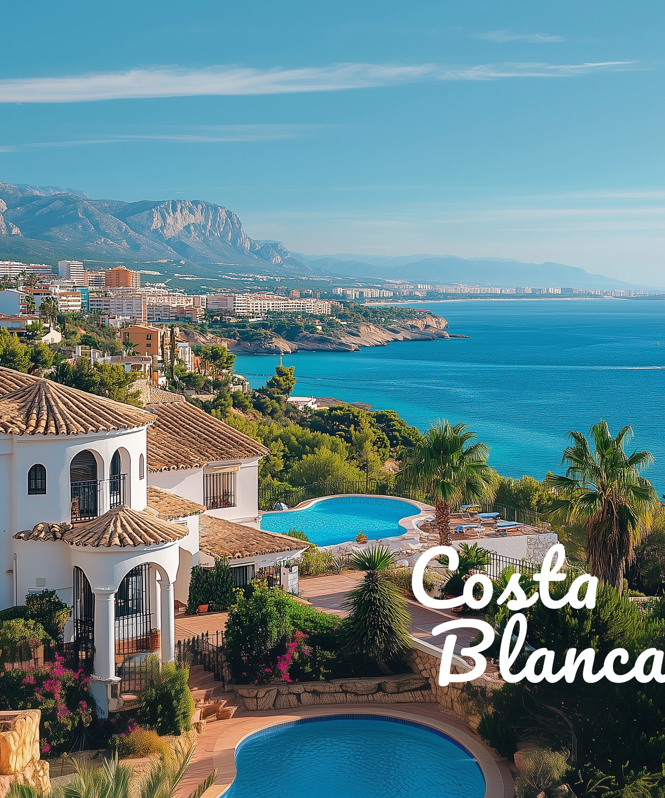 White villa with pool and mountain backdrop near Altea and Costa Blanca letters in front