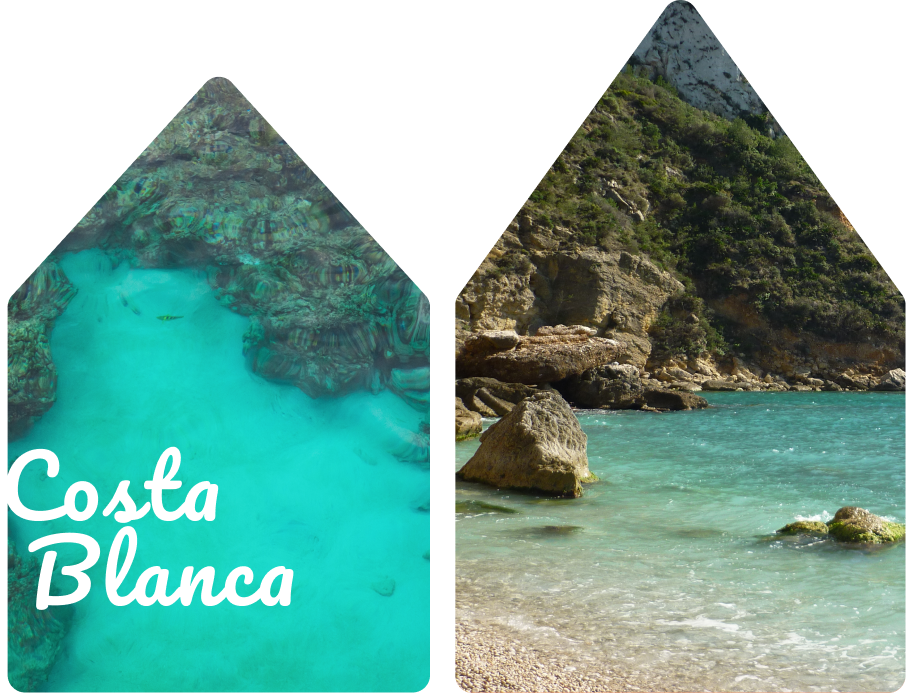 Houses with blue sea water in the background and Costa Blanca written in front