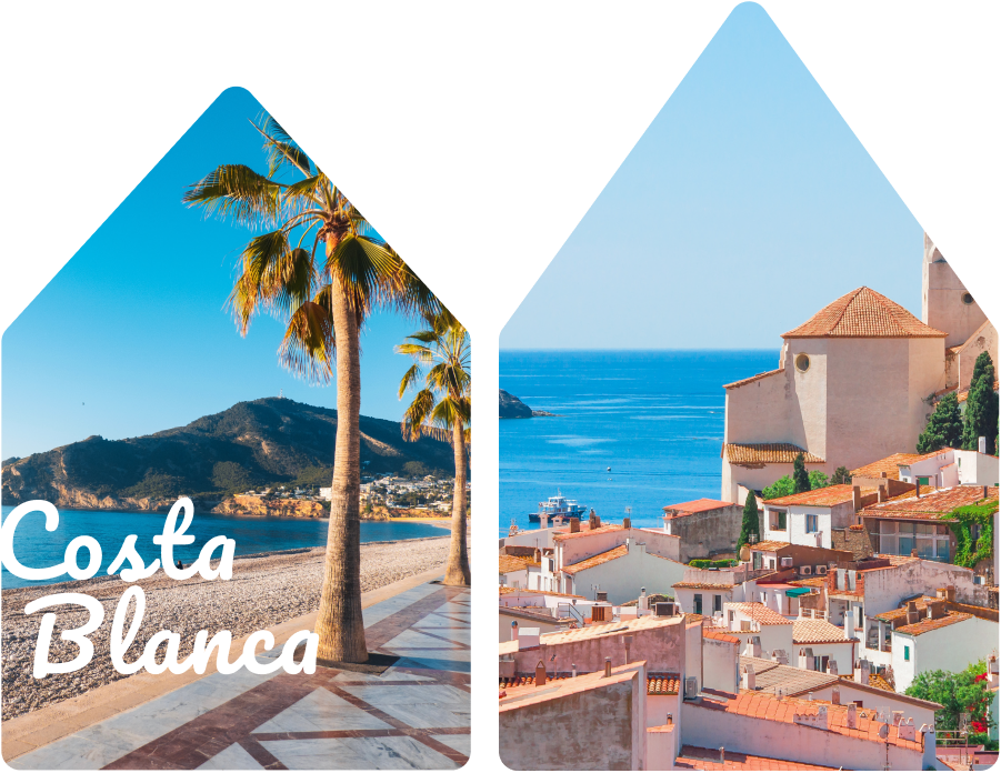 Houses of classic beach view and old town in Spain, with Costa Blanca letters in front