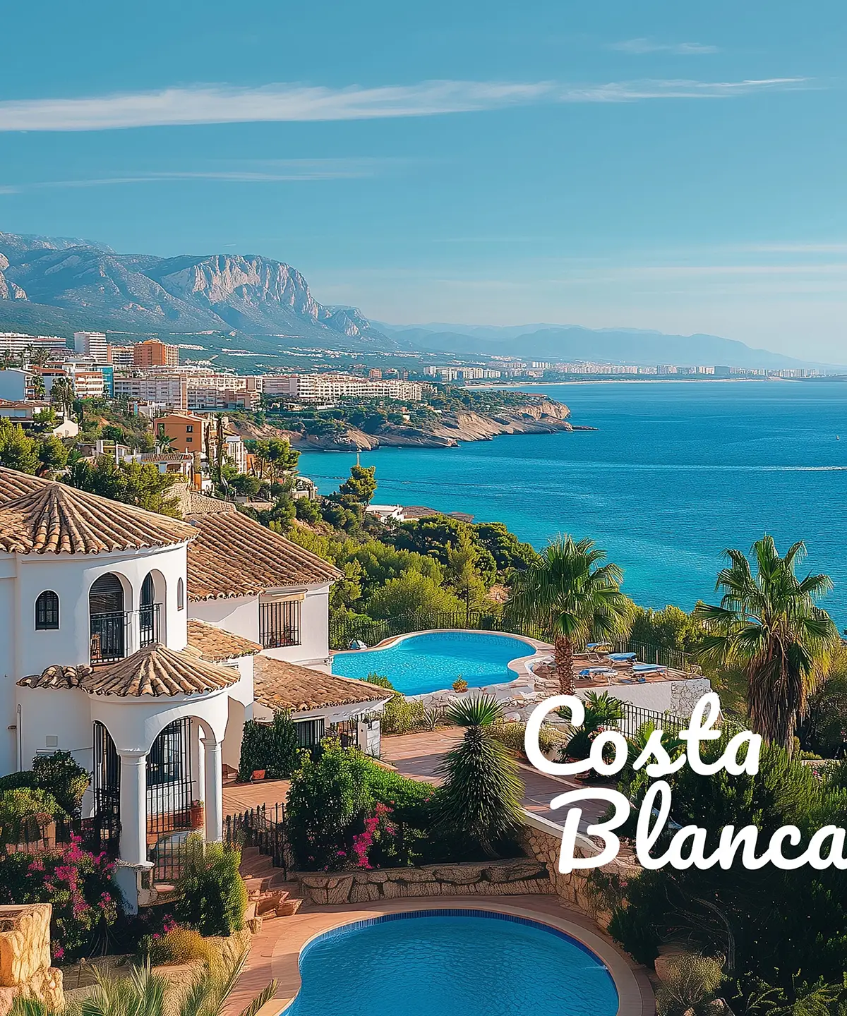 White villa with pool and mountain backdrop near Altea and Costa Blanca letters in front